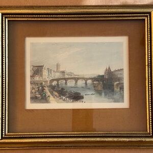 Vintage Velvet Matted & Framed Lithograph Print French Cityscape & Bridge Scene